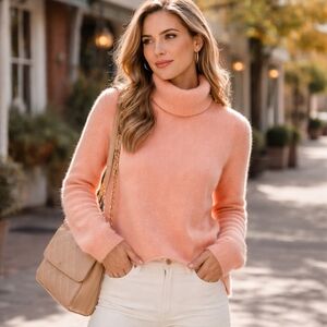 Kenar Angora Blend Peach Turtleneck Sweater Soft Cozy Knit Long Sleeve Feminine
